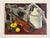 Vintage original still life oil painting on canvas featuring a violin, stoneware jug and lemons with driftwood. Well done...
