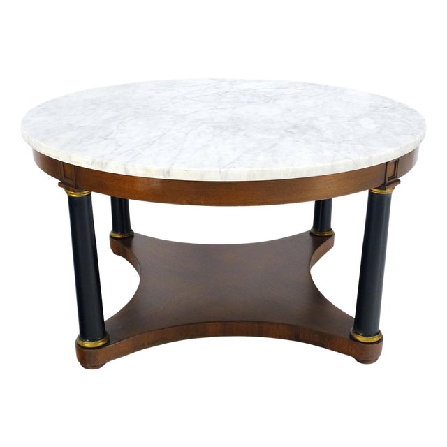 Round Marble Top Neoclassical Black Lacquer Pedestal Style Leg Coffee Table For Sale