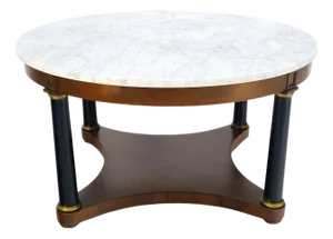 Round Marble Top Neoclassical Black Lacquer Pedestal Style Leg Coffee Table