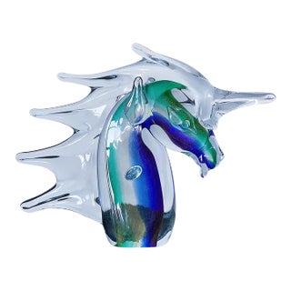 Mid 20th Century Large Murano Sculpture of Unicorn / Horse Bust in Iridescent Blue, Purple, Green Glass With Gold Flecks For Sale