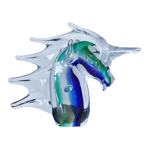 Mid 20th Century Large Murano Sculpture of Unicorn / Horse Bust in Iridescent Blue, Purple, Green Glass With Gold Flecks