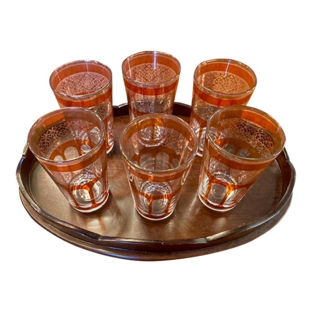Vintage French Moroccan Tea Glasses With Mahogany Tray, Set of 6 For Sale