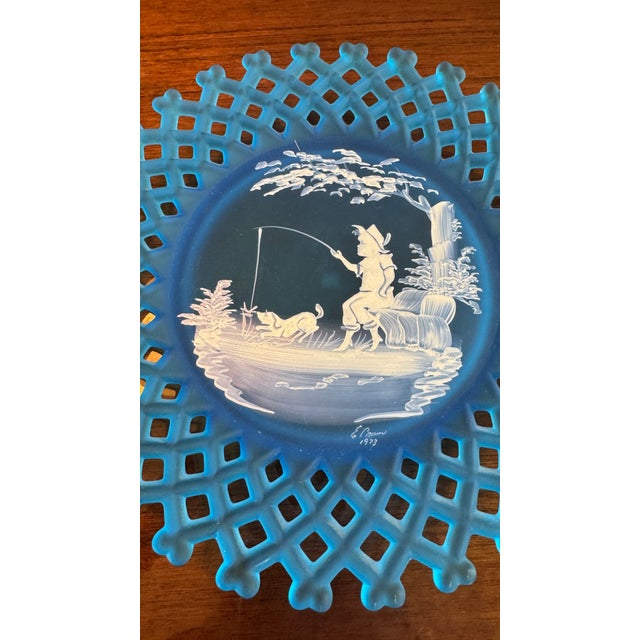 1970s Westmoreland Blue Glass Plate – Mary Gregory Style, Signed Boy Fishing, 1973 Pristine For Sale - Image 5 of 13