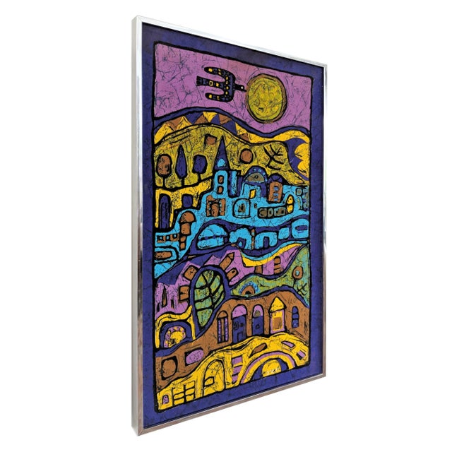 Batik on silk. Amazing, vibrant colors. Chrome frame without glass.