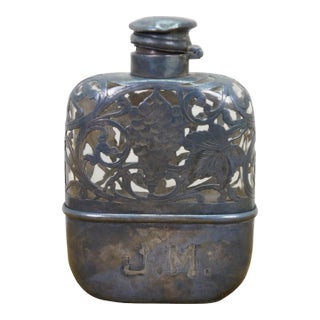 Antique Art Nouveau Sterling Silver Grapevine Pocket Hip 3/4 Pint Flask 5" For Sale