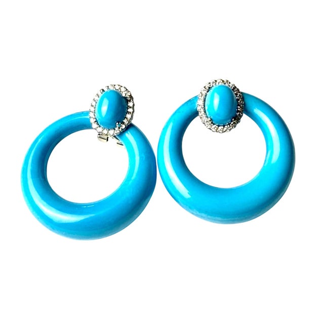 Blue 14KYl Gold Door Knocker Clip-on Earrings With Turquoise & Diamond 66.46ct Status:Published - Marketplace, Pair For Sale - Image 8 of 9