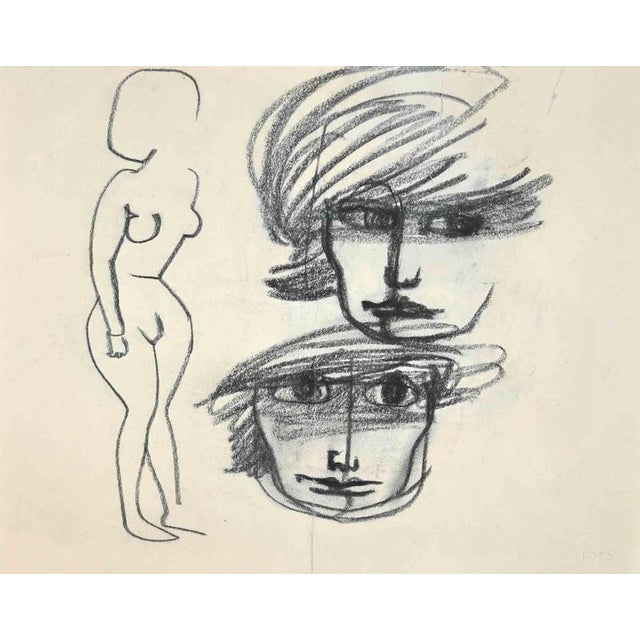 Portraits is an artwork realized by Mino Maccari (1898-1989). Colored portrait on one side, figure of a woman and two...