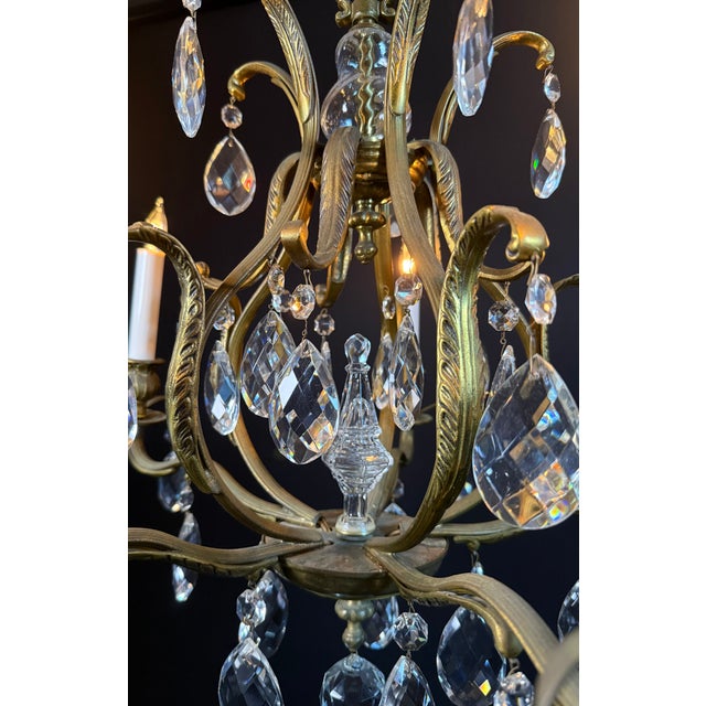 Antique French Brass & Crystal Birdcage Chandelier – 5 Light For Sale - Image 9 of 17
