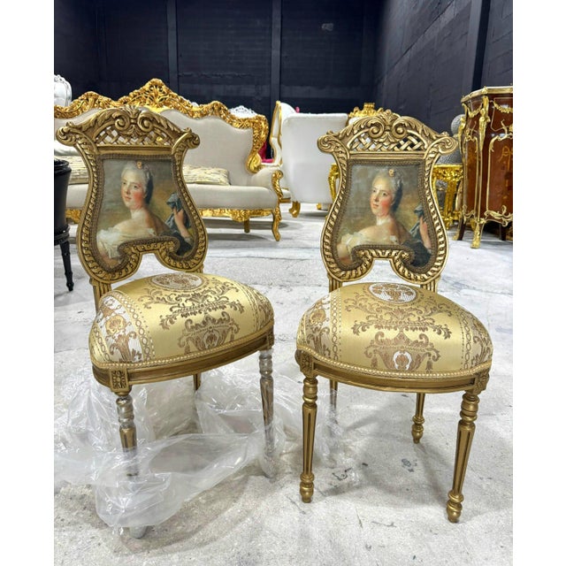 French Rococo Gold Accent Chair With Lady Portrait Set of 2 For Sale - Image 9 of 9