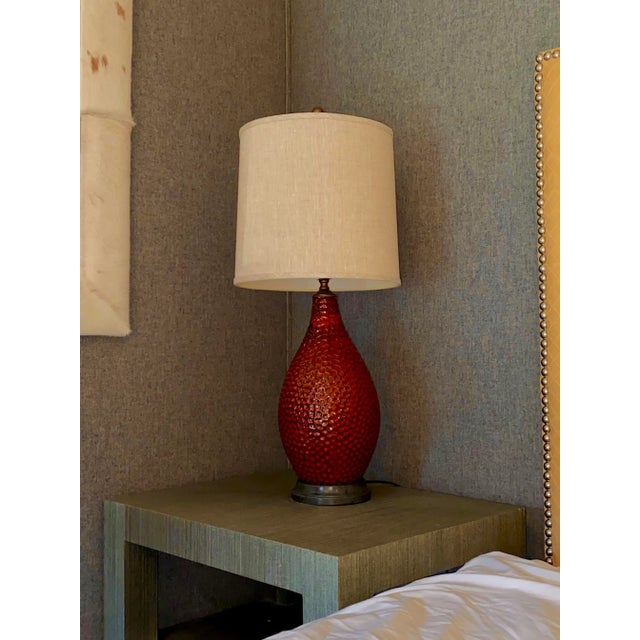 French Vintage Artisan Textured Red Ceramic Glazed Table Lamp, Two Available For Sale - Image 9 of 9