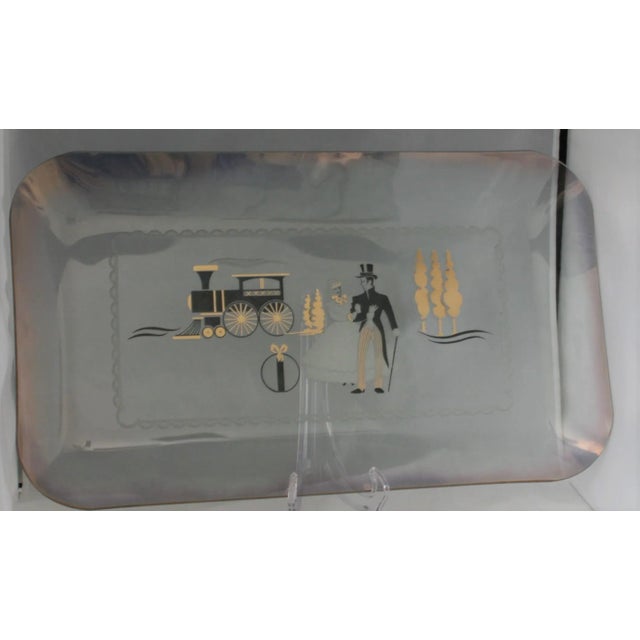 Vintage Large Rectangular Irridescent Glass Platter Turn Of The Century Scene Black Gold & White Graphics This is a very...