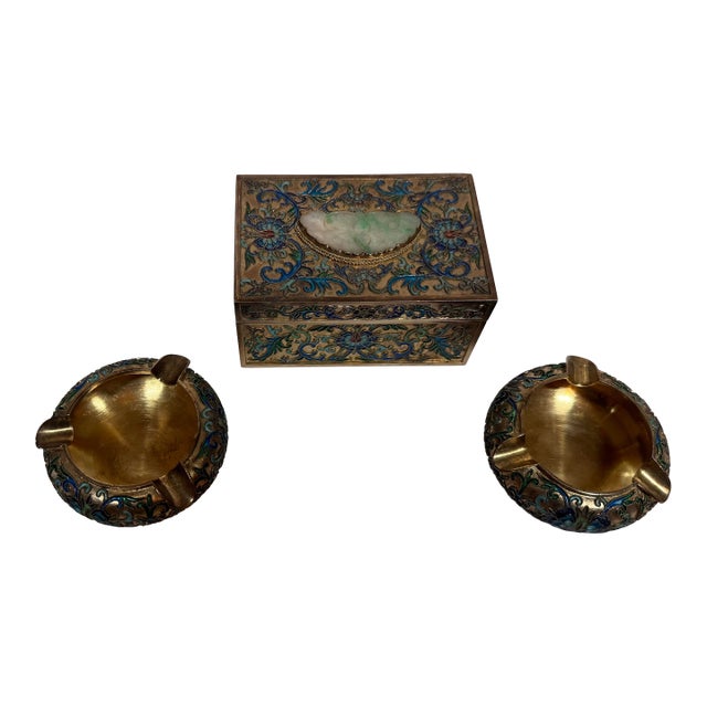Vintage Chinese Export Silver & Enamel Smoking Set, Cigarette Holder & Pair of Ashtrays For Sale