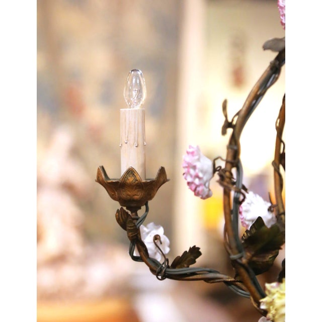 Early 20th Century Early 20th C. French Four-Light Floral Tole Chandelier With Porcelain Flowers For Sale - Image 5 of 10