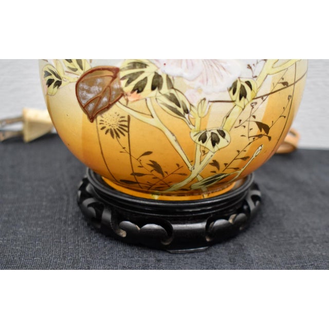 Japanese Antique Japanese Satsuma Vase Lamp Meiji Painted Porcelain Gold Bird Flower For Sale - Image 3 of 17