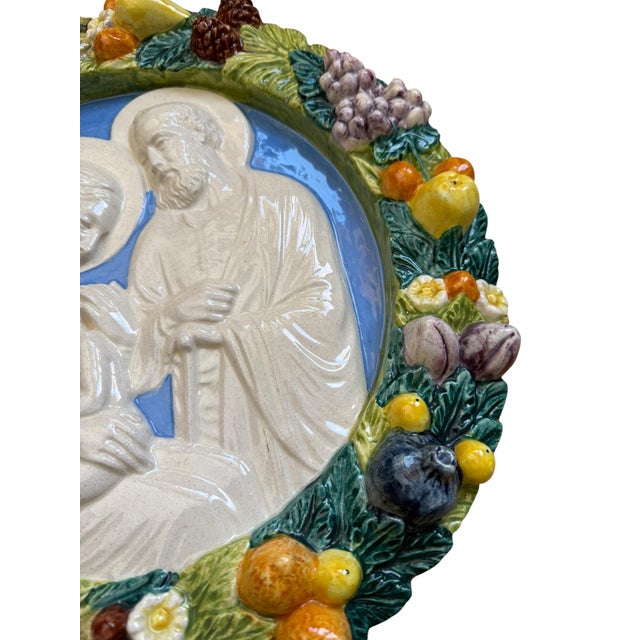Vintage Italian Majolica Pottery Della Robbia Style Wall Plaque For Sale - Image 9 of 15