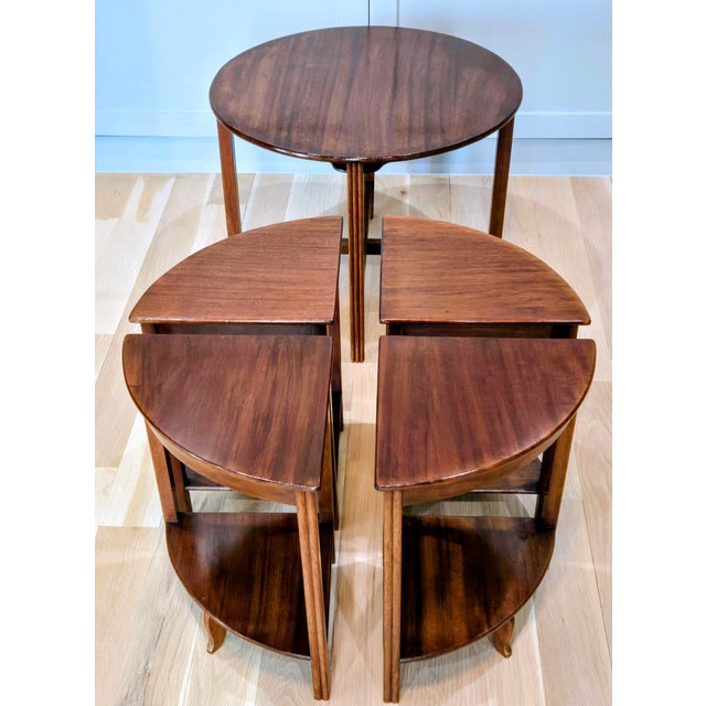 Mid 20th Century Fyne Ladye Nesting Cocktail Table Set – Round Mahogany Coffee Table With 4 Demilune Side Tables For Sale - Image 4 of 14