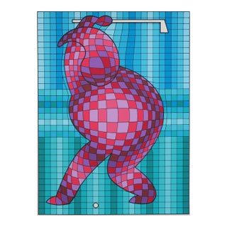 1989 Vintage Victor Vasarely the Golfer LTD Serigraph, Hand Signed Art in Turquois For Sale