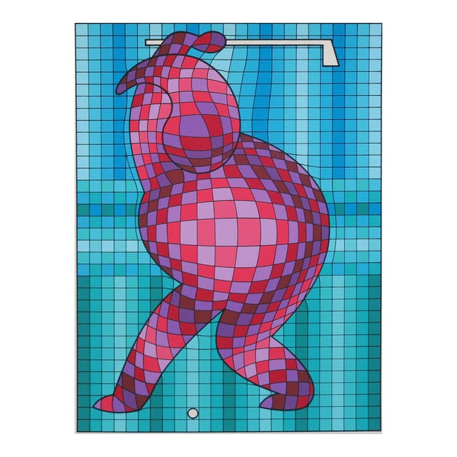 1989 Vintage Victor Vasarely the Golfer LTD Serigraph, Hand Signed Art in Turquois For Sale