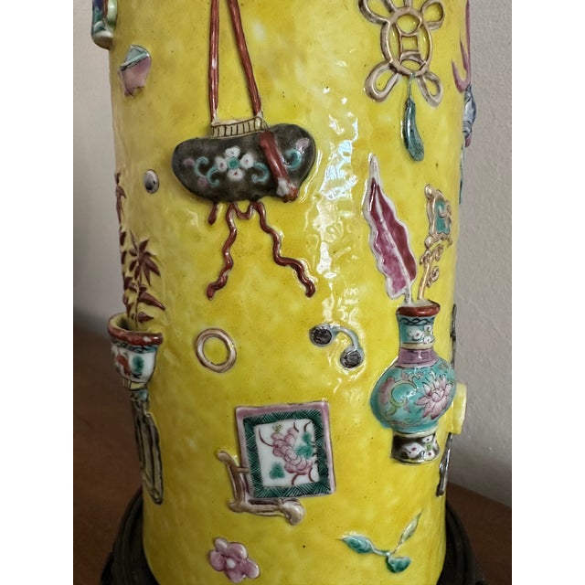 Mid 19th Century Antique Chinese Famille Rose Yellow Lamp Relief Decorated Vase For Sale - Image 5 of 18