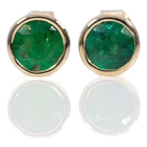 Natural Zambian Emerald Solitaire Stud Earrings: Solid 14k Gold Bezel Set Studs, Pair For Sale