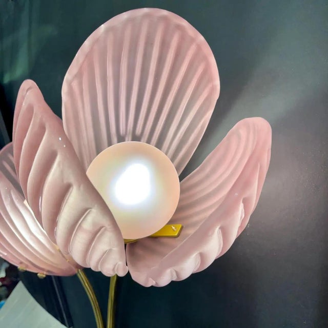 Metal Contemporary Italian 2-Branch Pink Murano Glass Tulip Flower Gold Brass Sconces - a Pair For Sale - Image 7 of 10
