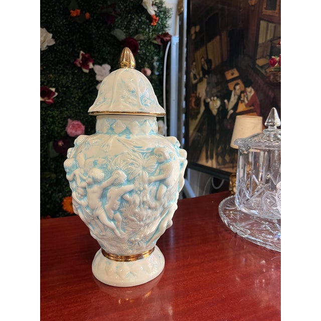 White 1970s Hint of Blue Venetian Style Ceramic Jar For Sale - Image 8 of 11