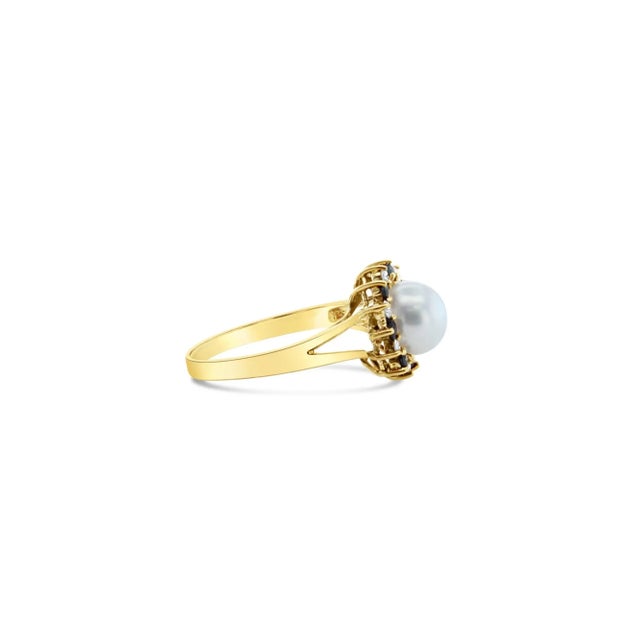 Contemporary Pearl Ring with Diamond Sapphire Halo Ring 14k Yellow Gold, Size 3 For Sale - Image 3 of 5