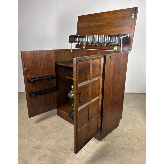 Mid Century Modern Walnut Rolling Bar Cabinet With Glasses by Lane For Sale - Image 10 of 12