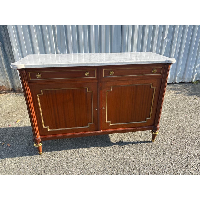 French Neoclassical Brass and Marble Sideboard in Mahogany by Maurice Hirsch, 1950s For Sale - Image 12 of 12