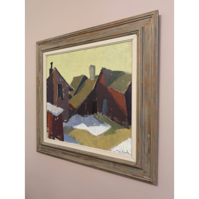 Mid 20th Century Mid-Century Modern 'Houses in Snow' Vintage Street Scene Oil Painting by Finnish Artist Paavo Airola (1918 – 1983), Framed For Sale - Image 5 of 13