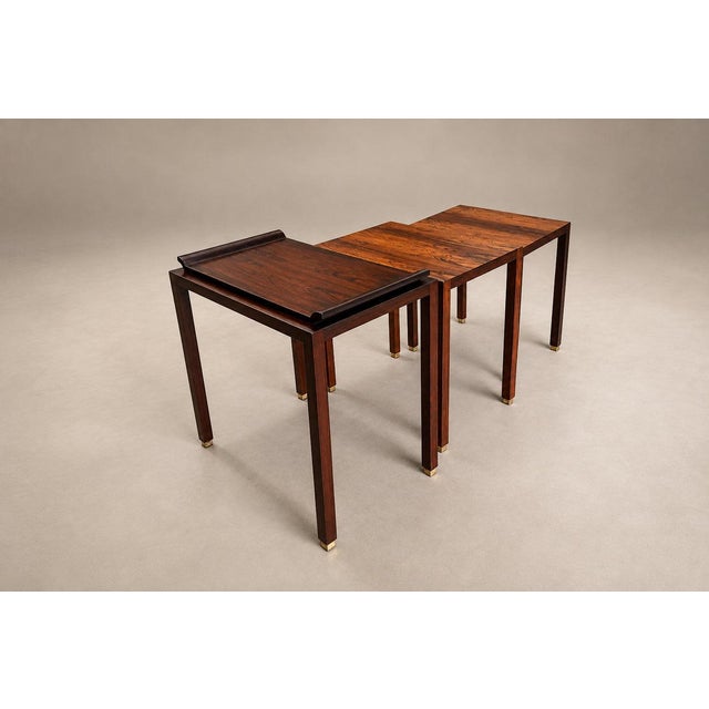 Set of Three Brazilian Rosewood Nesting Tables with Removable Tray & Brass Sabots, 1960s For Sale - Image 10 of 18