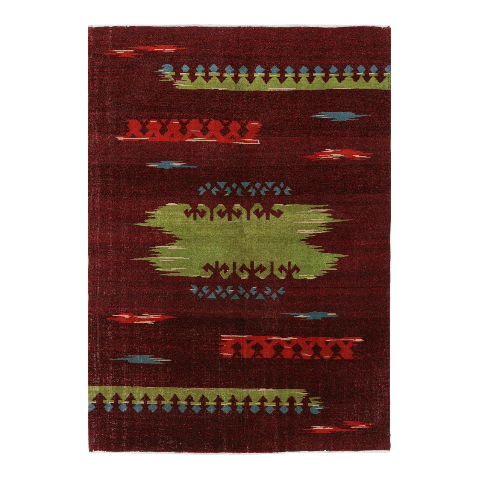 1960s Vintage Zeki Müren Art Deco Rug in Red With Geometric Patterns ...