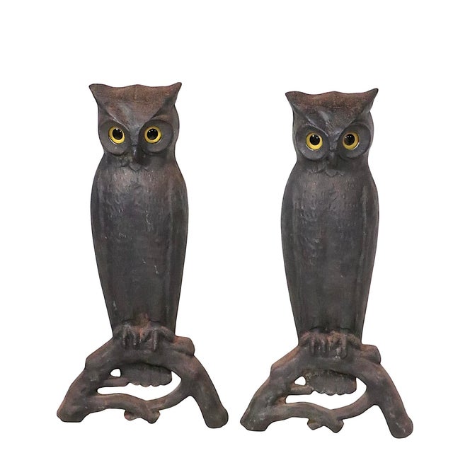 Large Pair of Vintage Arts and Crafts Rustic Victorian Owl Andirons With Glass Eyes For Sale - Image 4 of 14