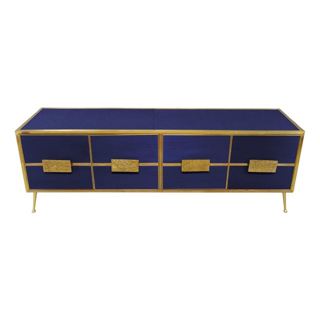 Sideboard with Blue Grisinato Glass and Brass Trim from Justfurnituress SRL For Sale