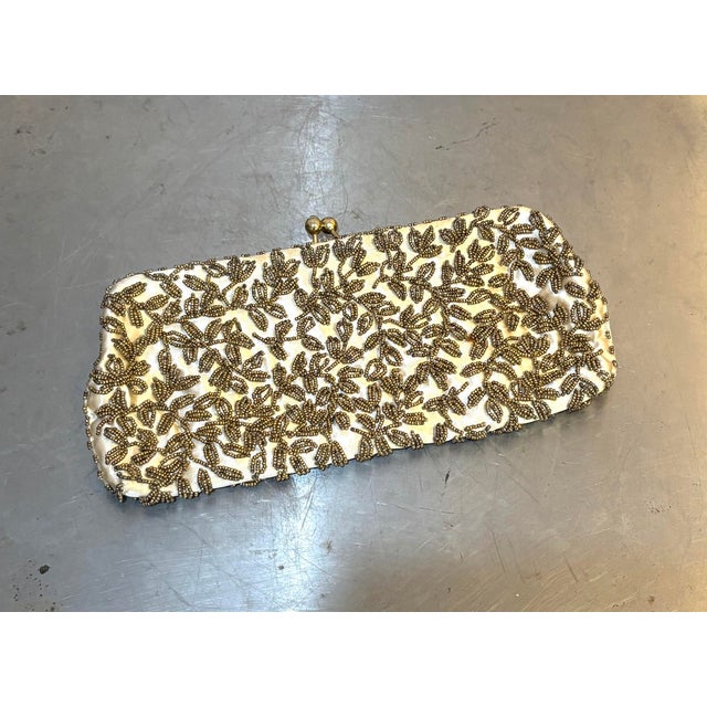 1930s-40s ivory silk/gold ivy beaded snap top clutch/purse w/ hideaway gold strap. Excellent condition.