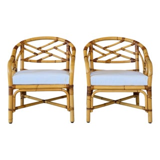 Mid-Century Rattan Barrel Lounge Chairs With New Sunbrella Cushions-Pair For Sale