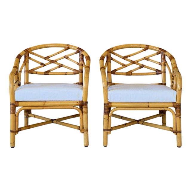 Mid-Century Rattan Barrel Lounge Chairs With New Sunbrella Cushions-Pair For Sale