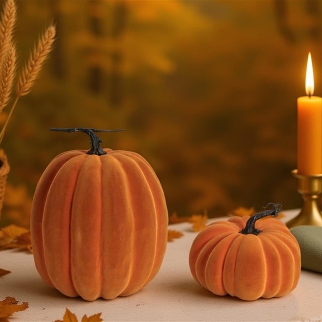 Create a cozy, layered fall display with this Velvet Pumpkin Accent Set, featuring two beautifully sculpted pumpkins in...