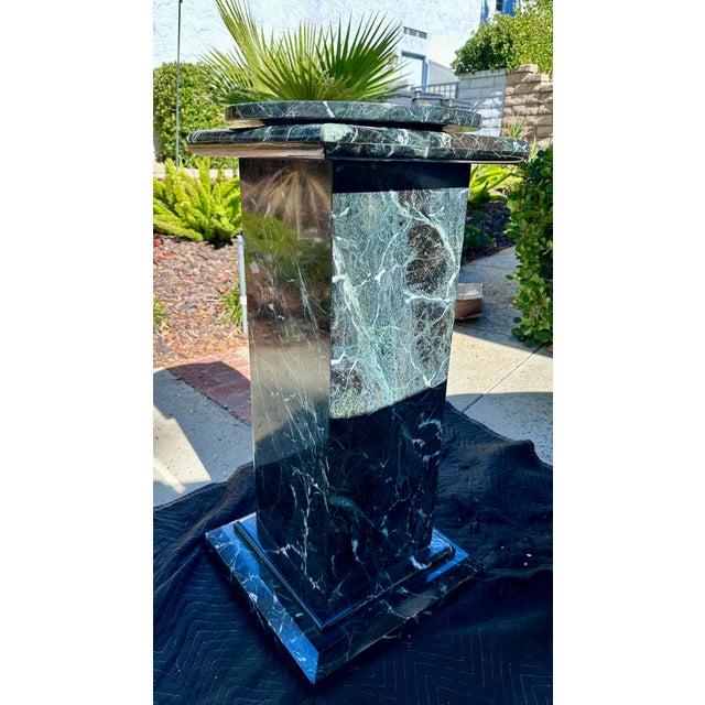 Contemporary Custom Italian Postmodern Verde Alpi Marble Display Pedestal With Rotating Stone Top For Sale - Image 3 of 8