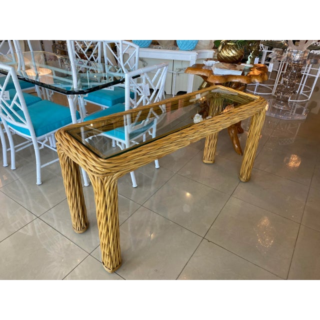Vintage Palm Beach Twisted Rattan Reed Console Table New Glass Top For Sale - Image 9 of 13