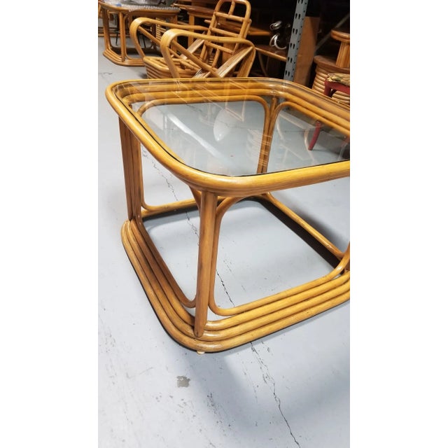 Mid 20th Century Restored Pair of 4-Strand Rattan Cubist Legs Coffee Table With Glass Tops For Sale - Image 4 of 6