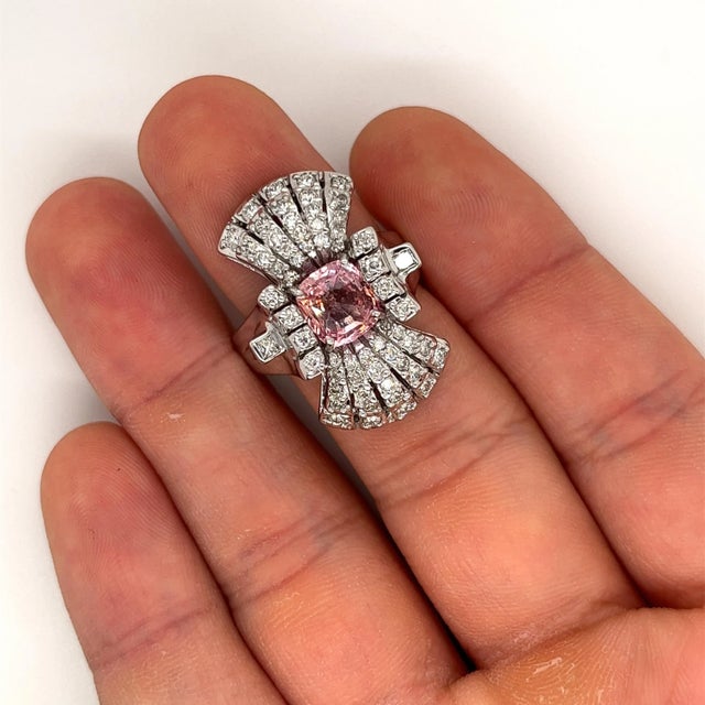 Late 20th Century Late 20th Century Gia Certified Pink Sapphire and Diamond Vintage 18k Gold Vertical Ring Size 8.5 For Sale - Image 5 of 7