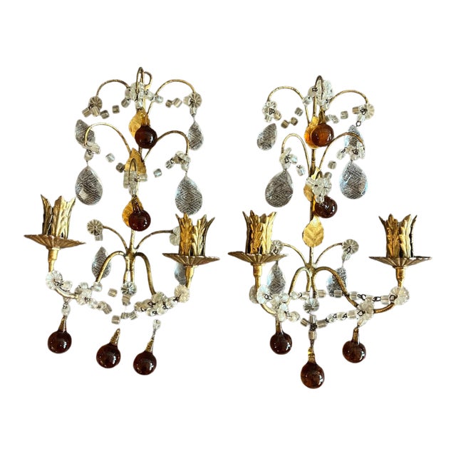 Antique Pair of Italian Gold Gilt & Crystal Candle Sconces For Sale