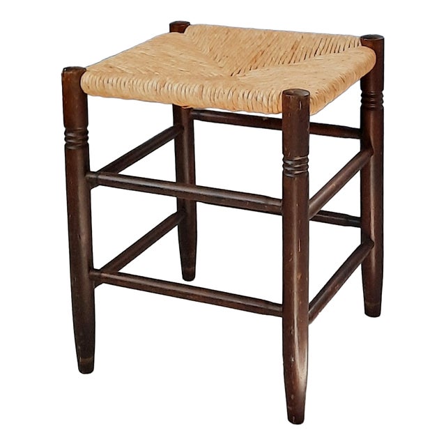 Wooden Stool with Rush Seat, 1960s For Sale