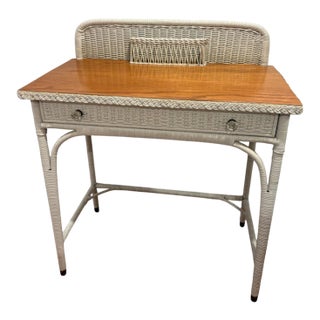 Vintage Mid Century Wicker & Wood Top Writing Desk With Drawer For Sale