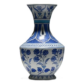 Handmade Ceramic Vase (30cm) Large Blue & White Floral Art with Geometric Neck Design – Tall Statement Decor For Sale