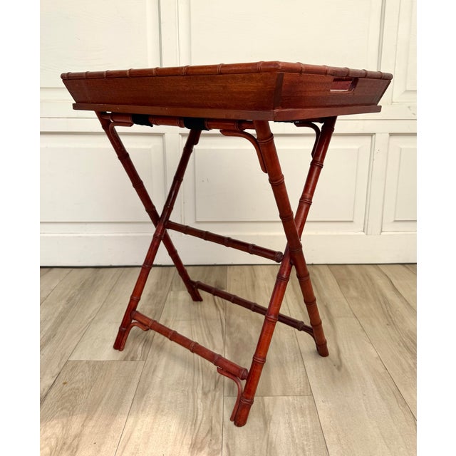 Vintage Faux Bamboo Folding Butler's Tray Table With Woven Cane Tray For Sale In Los Angeles - Image 6 of 14