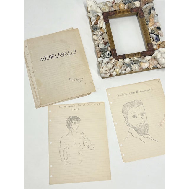 Tan Vintage 1960's Portrait Sketch of Michelangelo in Coquillage Frame For Sale - Image 8 of 12