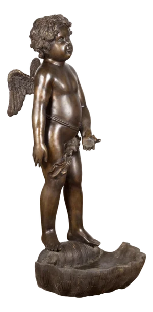 Lost Wax Bronze Statue of a Winged Cherub Standing on a Shell in Dark Patina
