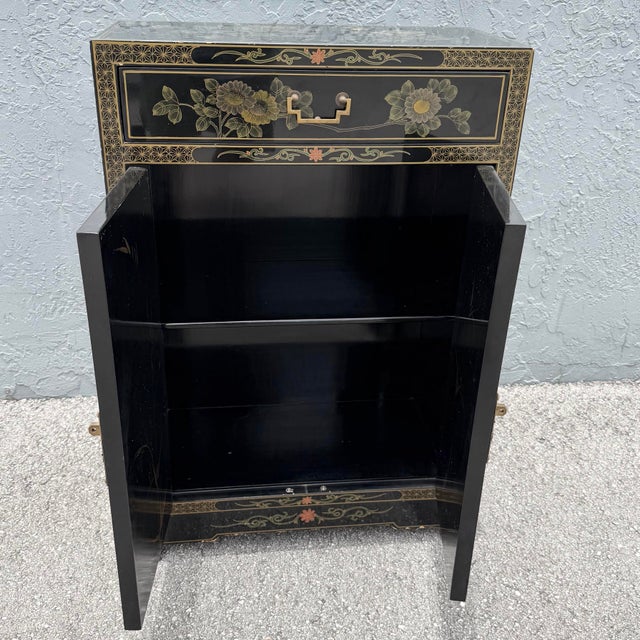 Mid 20th Century Vintage Chinese Black Lacquered Hand Painted Cabinet For Sale - Image 5 of 11